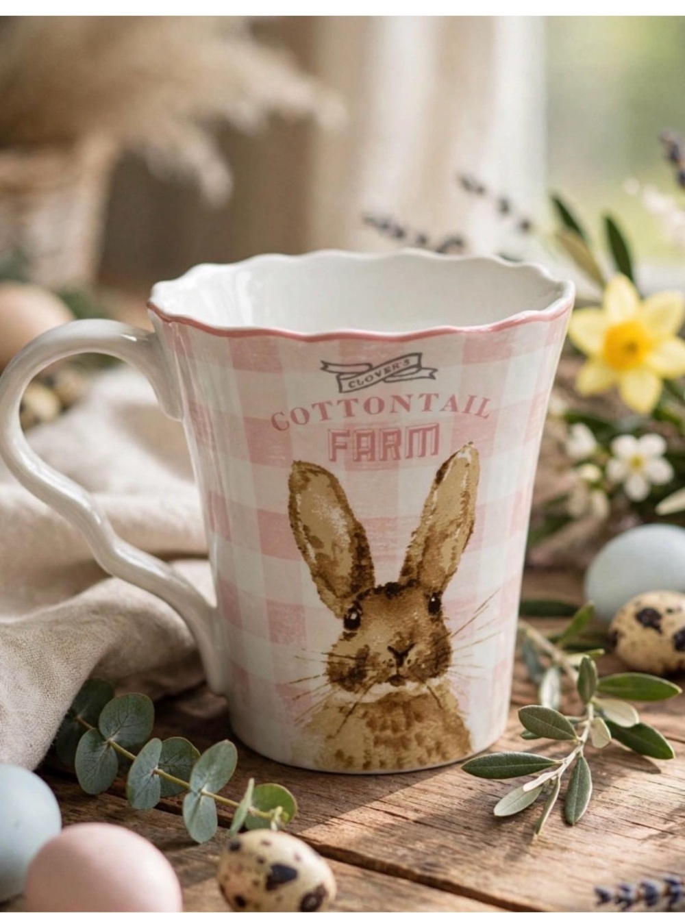 222 Fifth Cottontail Farm Bunny Mug Pink Gingham Scalloped Porcelain‎ Easter Cup